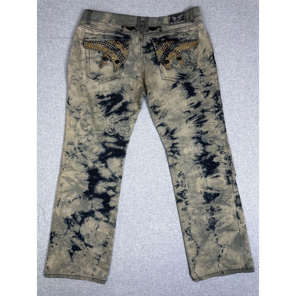 Robin's Jean Jeans Mens 42 Khaki Black Tie Dye Studded Leather Wings Made USA